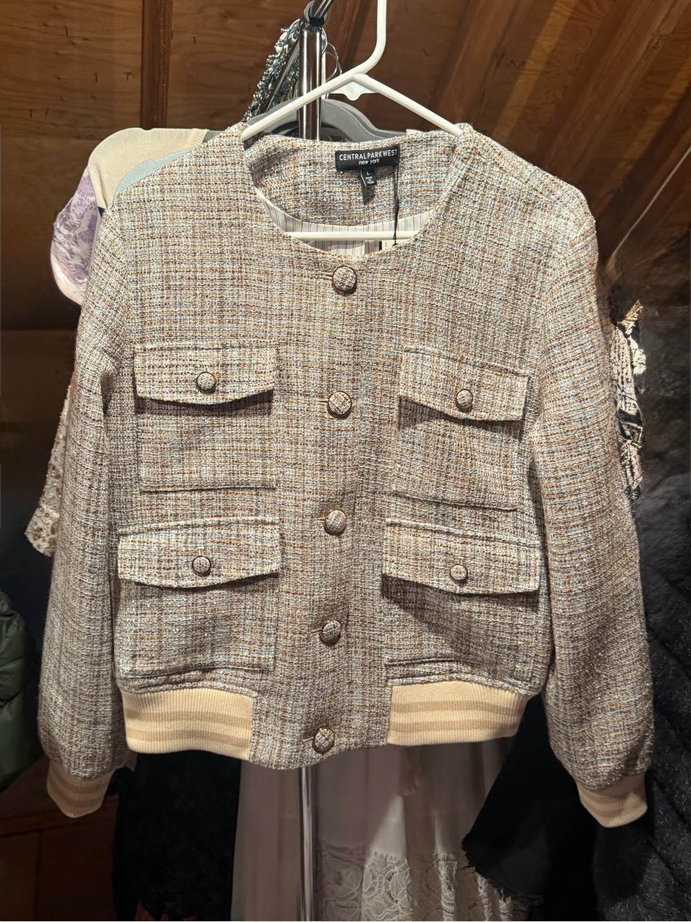 Central Park West Cream and Beige Tweed Bomber Jacket